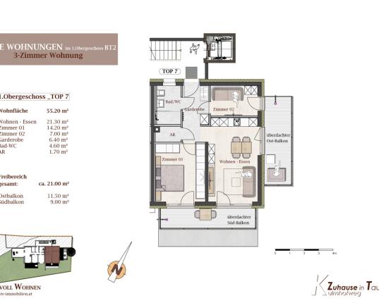 Neubau  3-Zimmerwohnung im 1. OG mit 2 Balkone, AUT